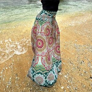 Teal multicolor print boho maxi skirt